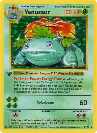 Venusaur 015/102 - 1st Edition Holofoil Base Set Shadowless - Holo Rare