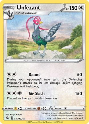 Unfezant 145/192 - Reverse Holofoil SWSH02 Rebel Clash - Rare