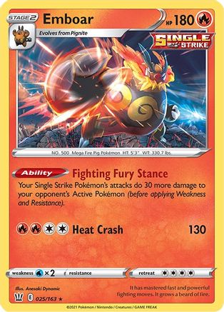 Emboar 025/163 - Reverse Holofoil SWSH05 Battle Styles - Holo Rare