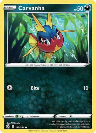 Carvanha 162/264 - Reverse Holofoil SWSH08 Fusion Strike - Common