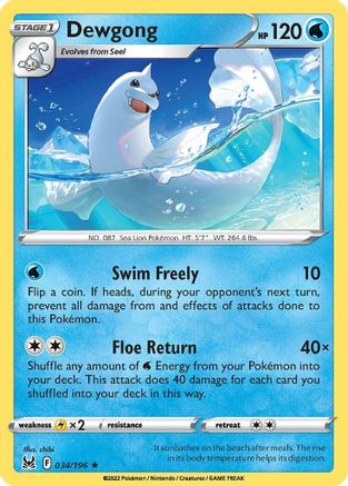 Dewgong 034/196 - Reverse Holofoil SWSH11 Lost Origin - Rare