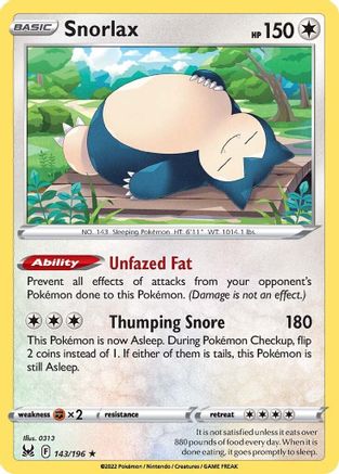 Snorlax 143/196 - Reverse Holofoil SWSH11 Lost Origin - Holo Rare