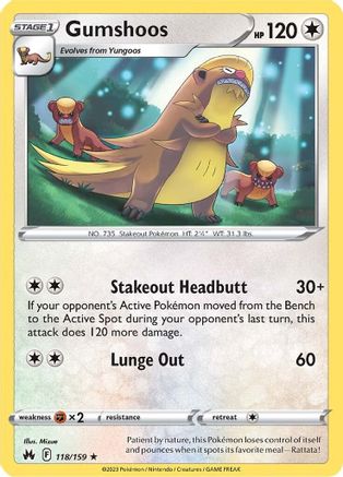 Gumshoos 118/159 - Reverse Holofoil Crown Zenith - Rare
