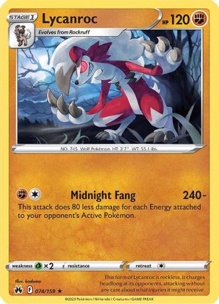Lycanroc 074/159 - Reverse Holofoil Crown Zenith - Rare