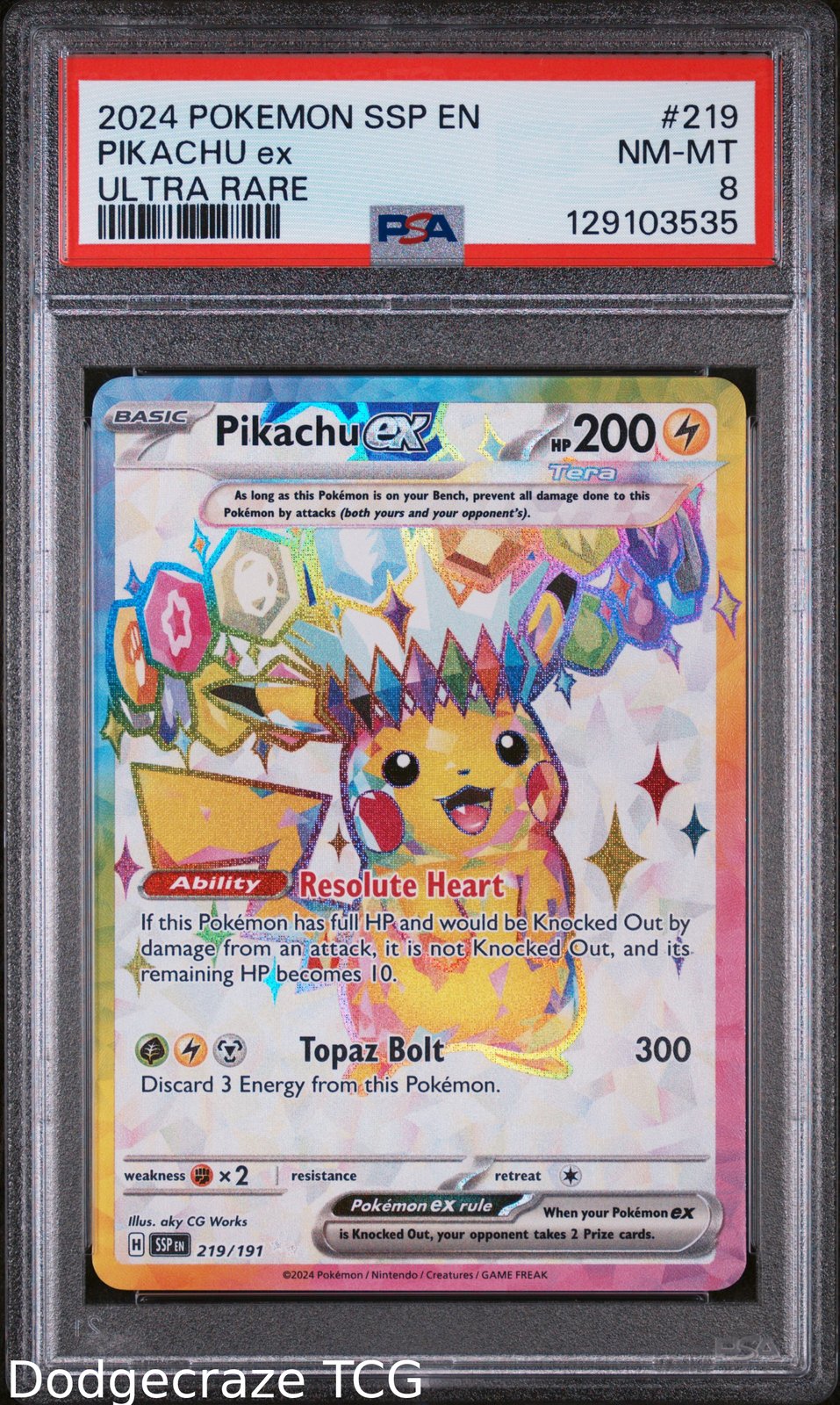 2024 Pokemon Ssp En Surging Sparks Pikachu EX Ultra Rare 219/191 PSA 8