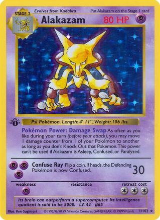 Alakazam 001  - 1st Edition Holofoil Base Set Shadowless - Holo Rare
