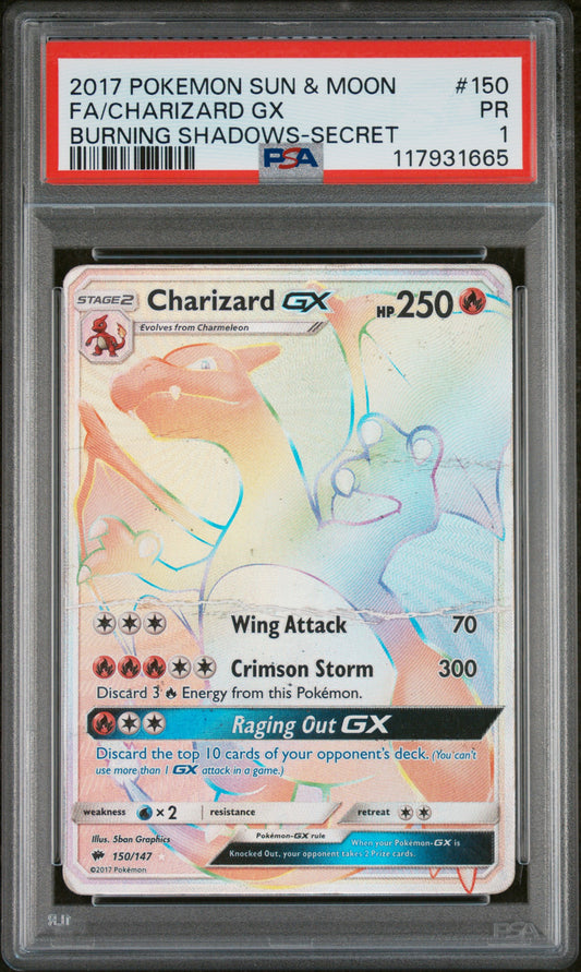 2017 Pokemon SM - Burning Shadows - Secret Charizard GX #150 PSA 1