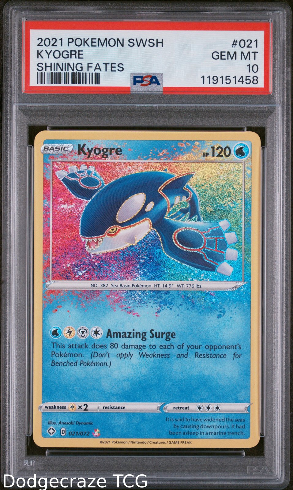 2021 Pokemon Shining Fates Kyogre 021/072 PSA 10