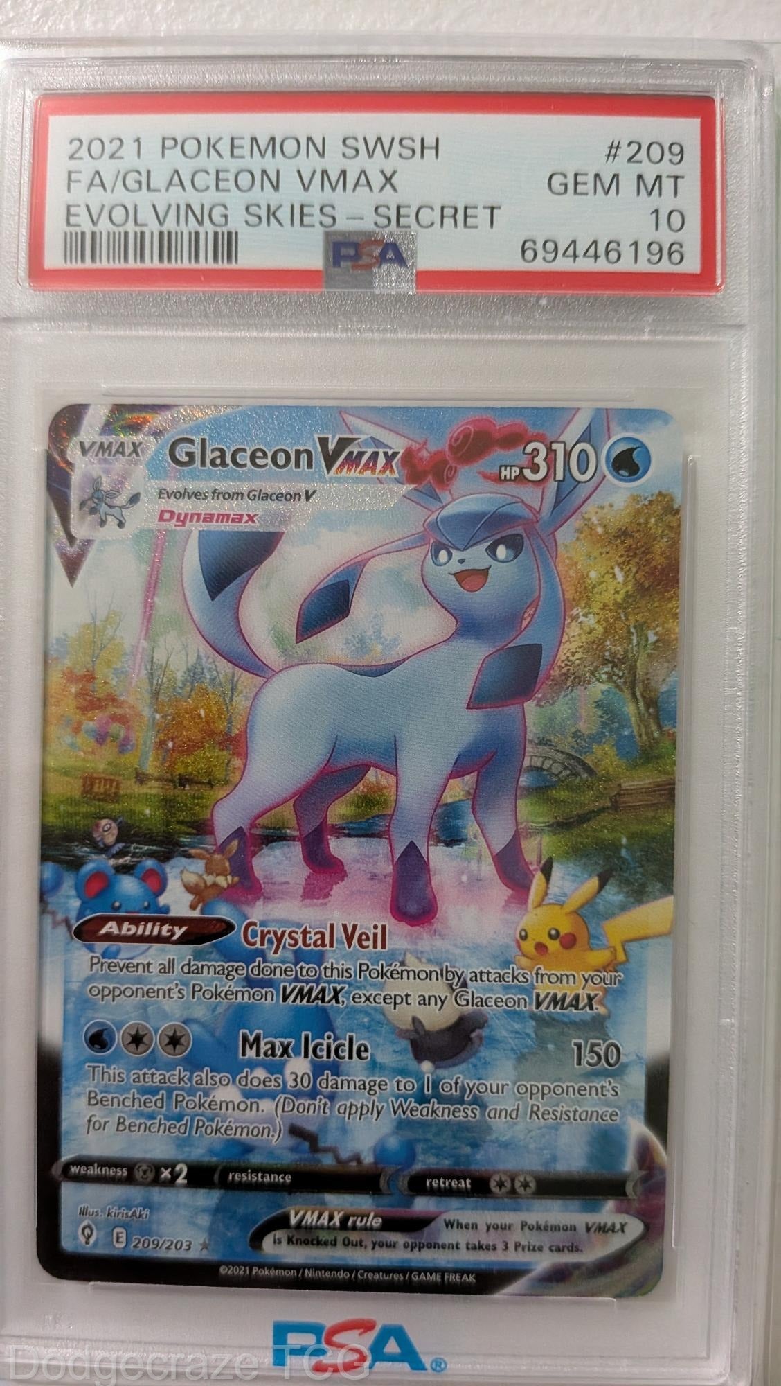 2021 Pokemon Evolving Skies Glaceon Vmax Secret 209/203 PSA 10