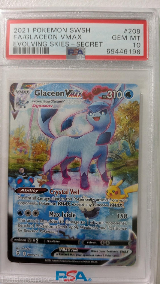 2021 Pokemon Evolving Skies Glaceon Vmax Secret 209/203 PSA 10