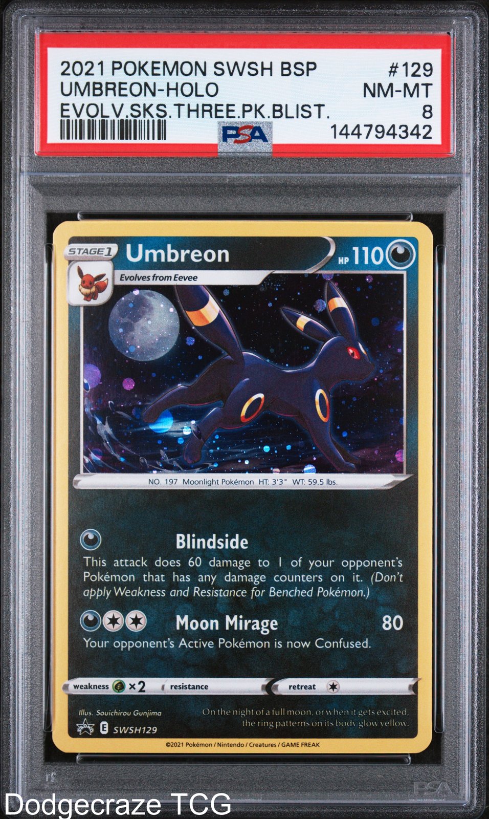 2021 Pokemon Umbreon Holo Evolving Skies Three Pack Blisters 129/203 PSA 8