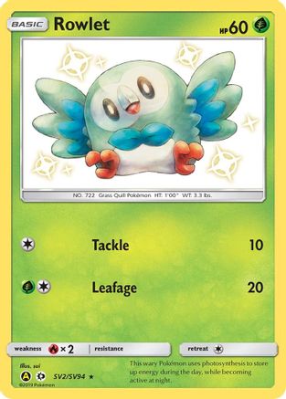 Rowlet SV2/SV94  - Holofoil Hidden Fates Shiny Vault - Shiny Holo Rare