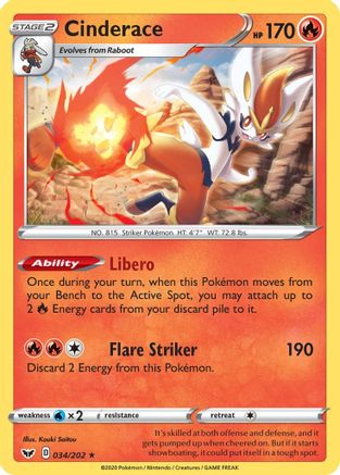 Cinderace (034) 034/202  - Reverse Holofoil SWSH01 Sword & Shield Base Set - Holo Rare