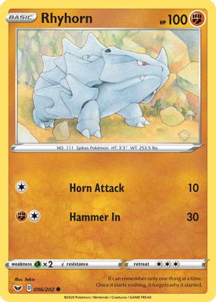 Rhyhorn (096) 096/202  - Reverse Holofoil SWSH01 Sword & Shield Base Set - Common