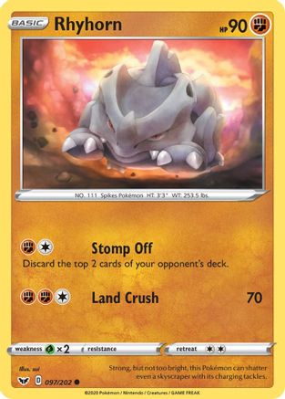 Rhyhorn (097) 097/202  - Reverse Holofoil SWSH01 Sword & Shield Base Set - Common