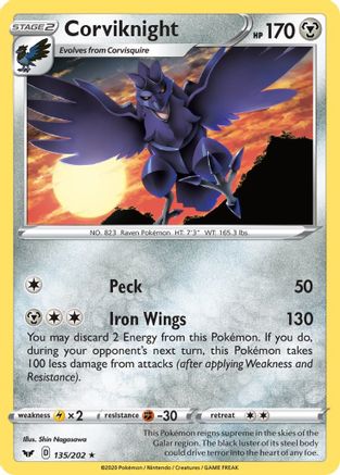 Corviknight 135/202  - Reverse Holofoil SWSH01 Sword & Shield Base Set - Rare