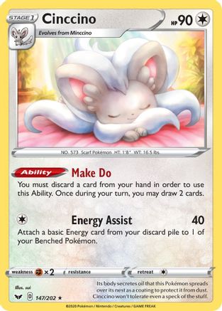 Cinccino 147/202  - Reverse Holofoil SWSH01 Sword & Shield Base Set - Rare