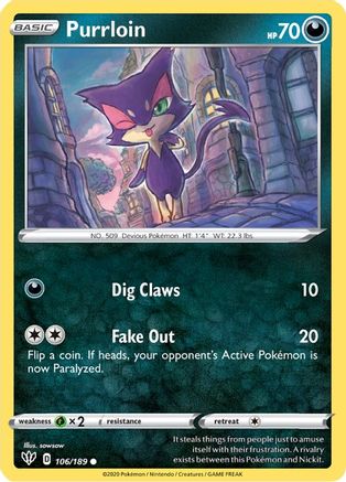 Purrloin 106/189  - Reverse Holofoil SWSH03 Darkness Ablaze - Common