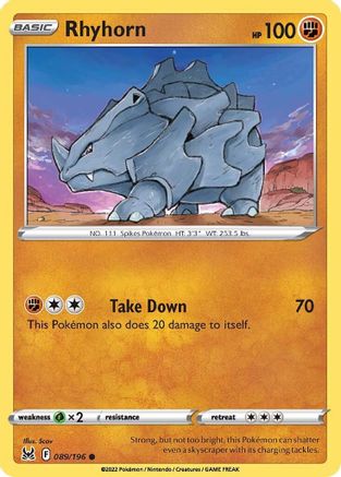 Rhyhorn 089/196  - Reverse Holofoil SWSH11 Lost Origin - Common