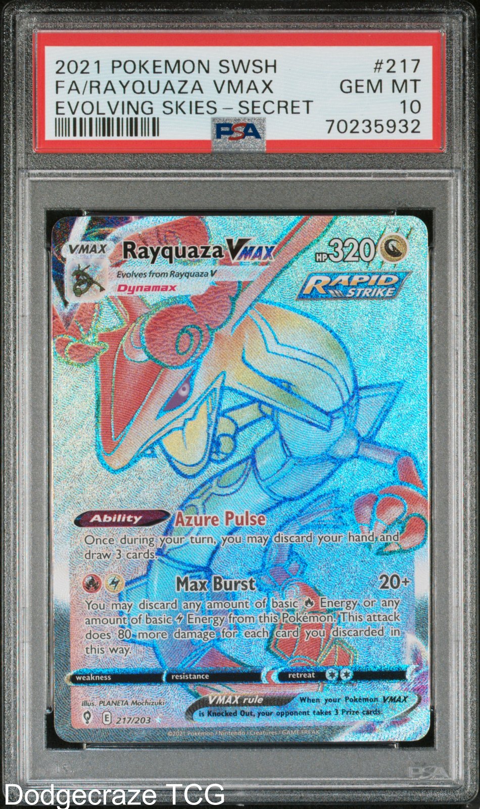 2021 Pokemon Evolving Skies Rayquaza Vmax Secret 217/203 PSA 10