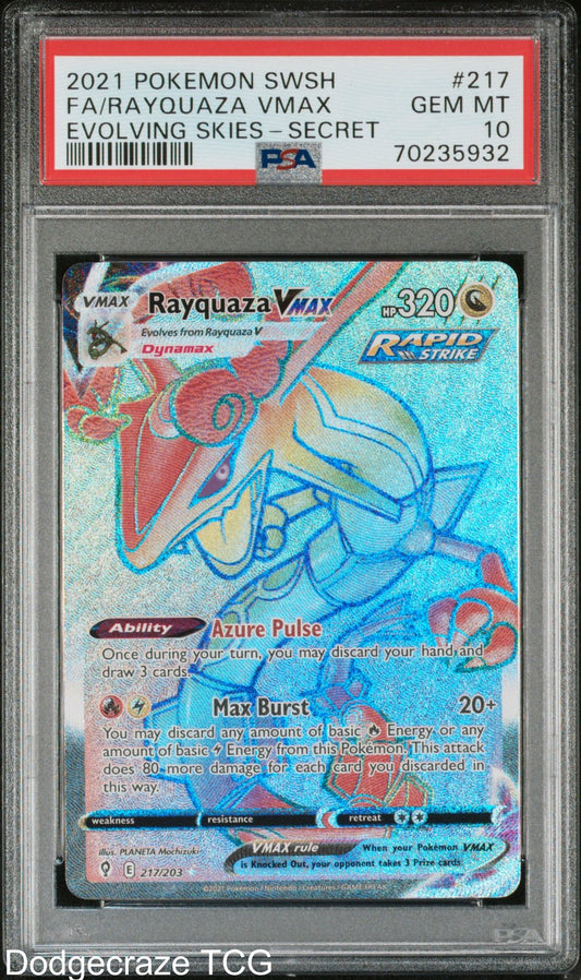 2021 Pokemon Evolving Skies Rayquaza Vmax Secret 217/203 PSA 10