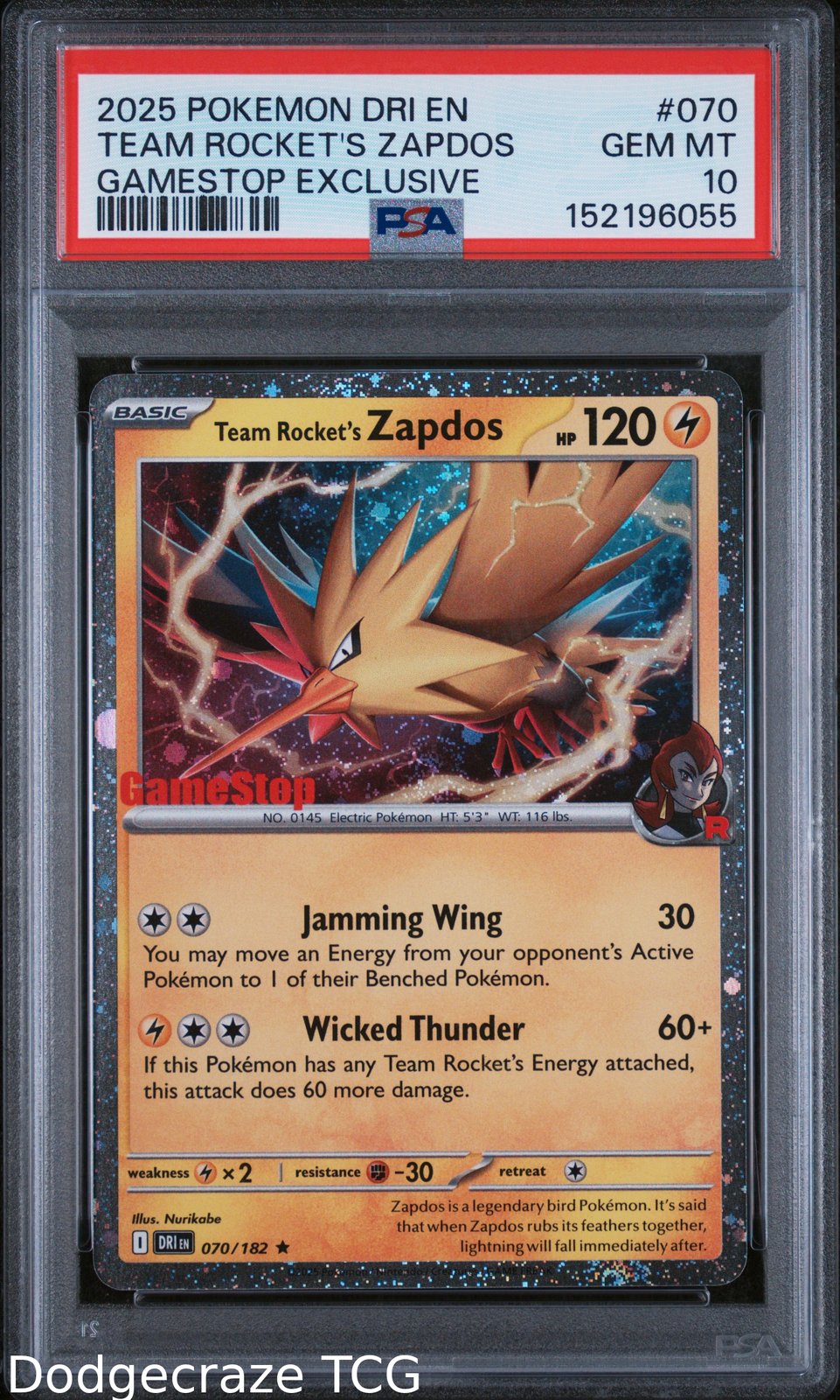 2025 Pokemon Team Rocket's Zapdos Gamestop Exclusive 070/182 PSA 10