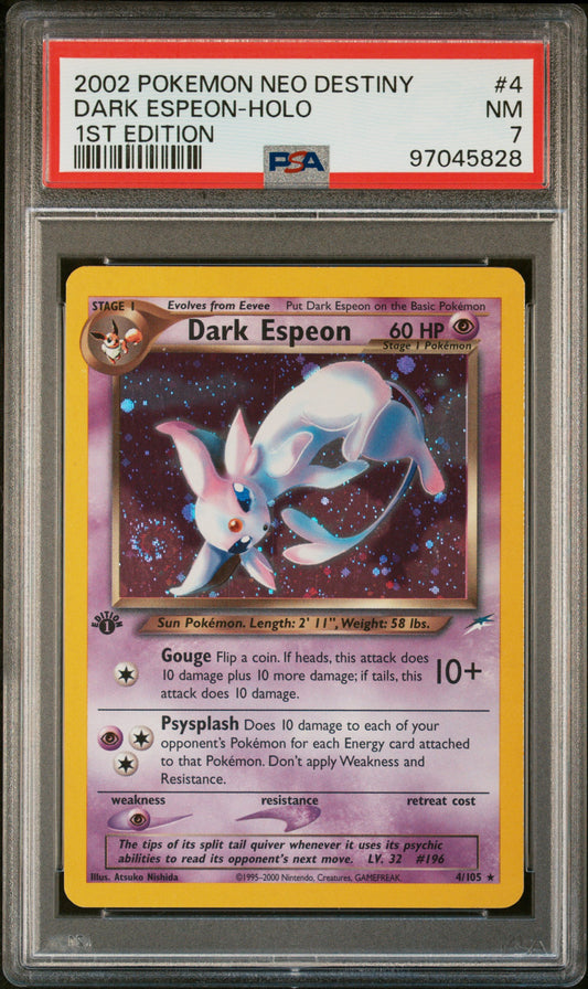 2002 Pokemon Neo Destiny Dark Espeon Holo 1st Edition 4/105 PSA 7 HEAD SWIRL