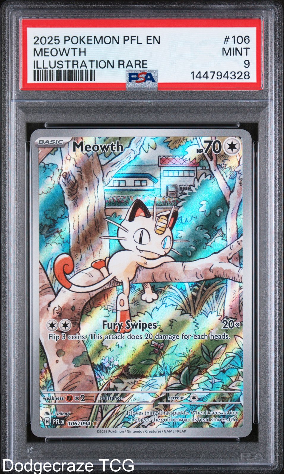 2025 Pokemon Pfl En-phantasmal Flames Meowth Illustration Rare 106/094 PSA 9