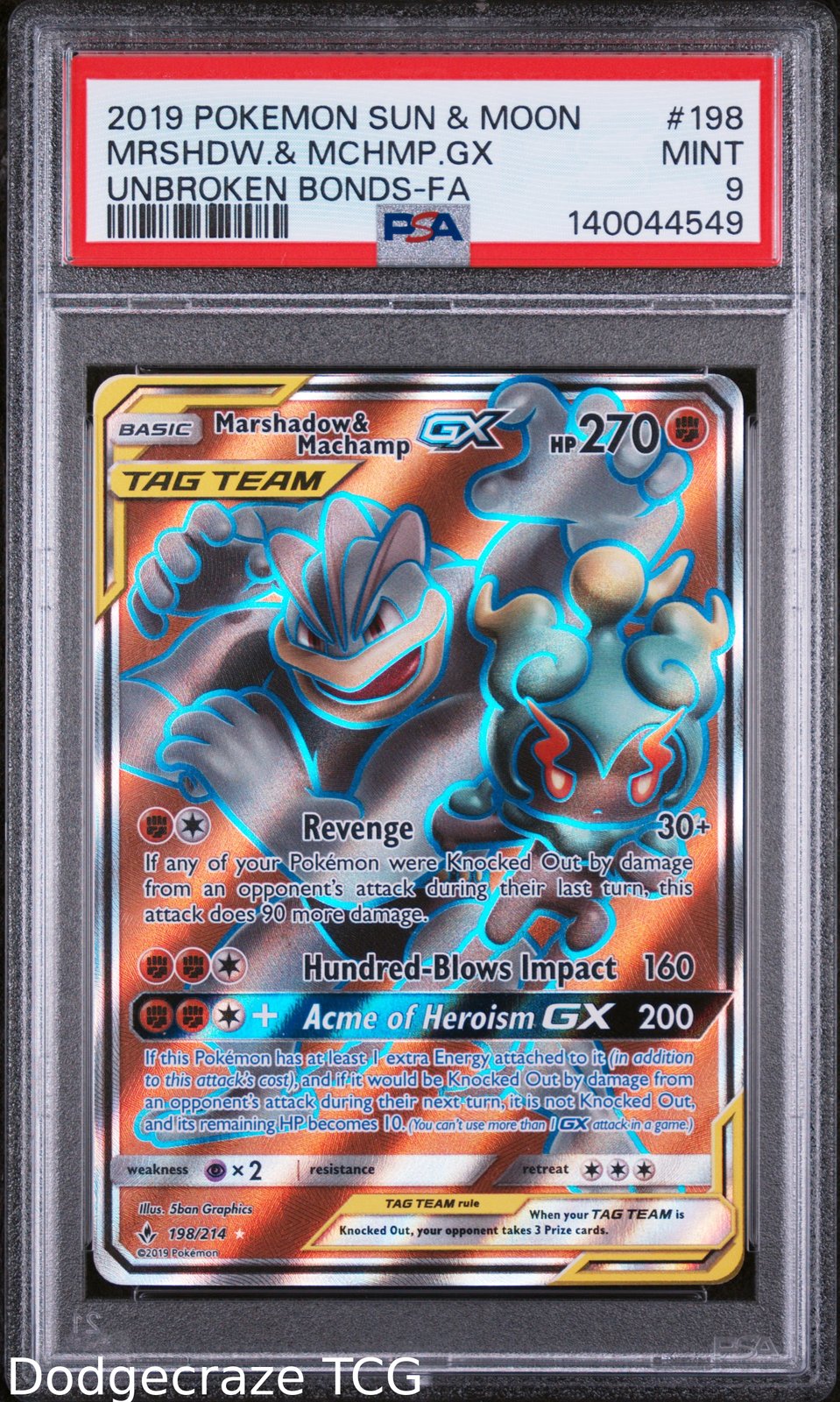 2019 Pokemon Unbroken Bonds Marshadow & Machamp Gx 198/214 PSA 9