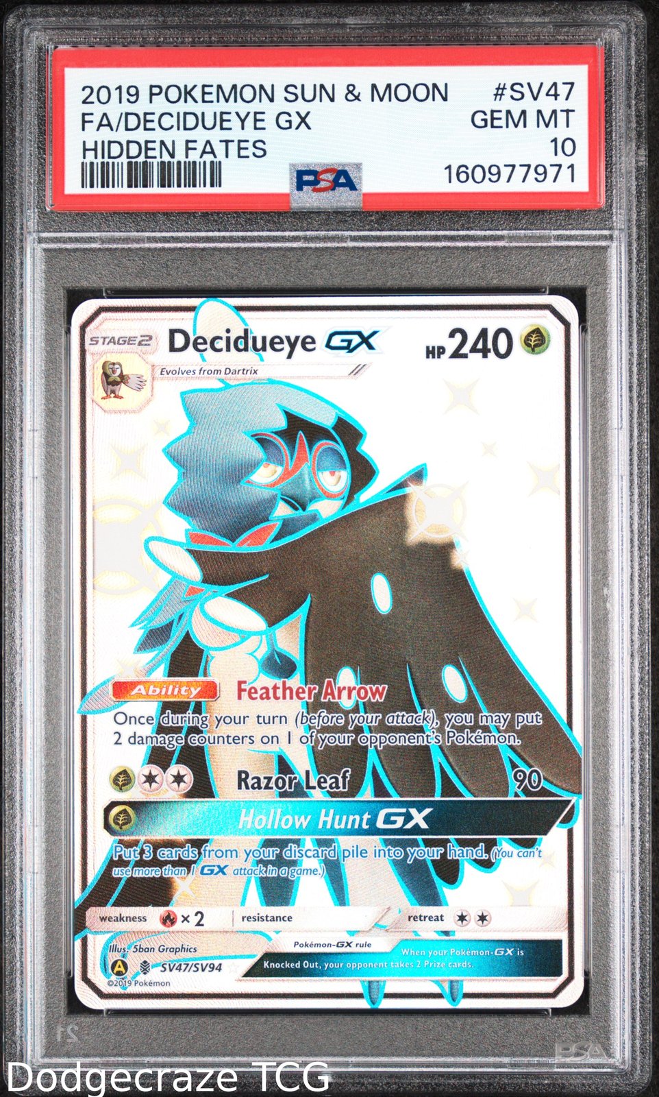 2019 Pokemon Hidden Fates Decidueye Gx SV47/SV94 PSA 10