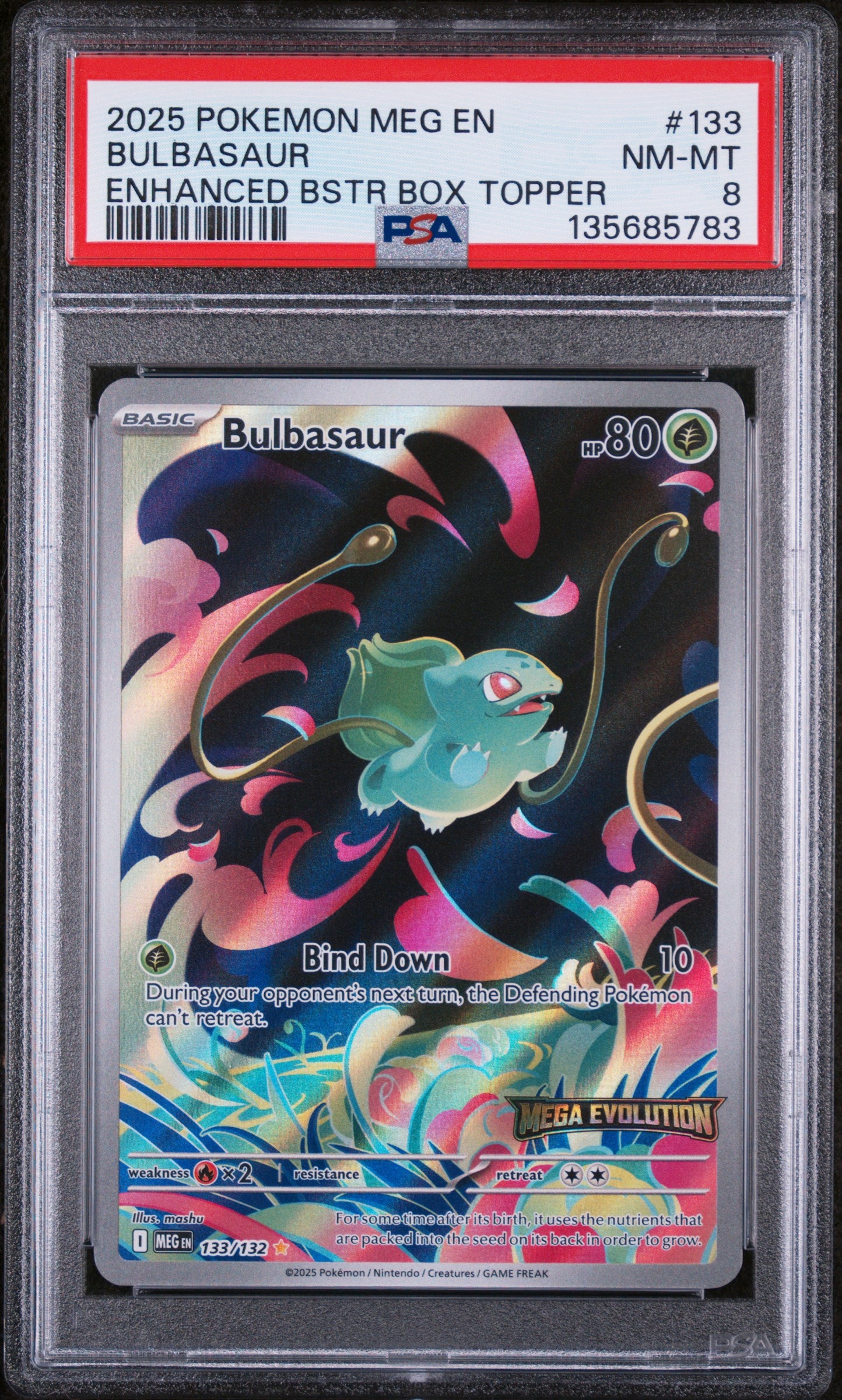 2025 Pokemon Bulbasaur Enhanced Booster Box Topper 133/132 PSA 8