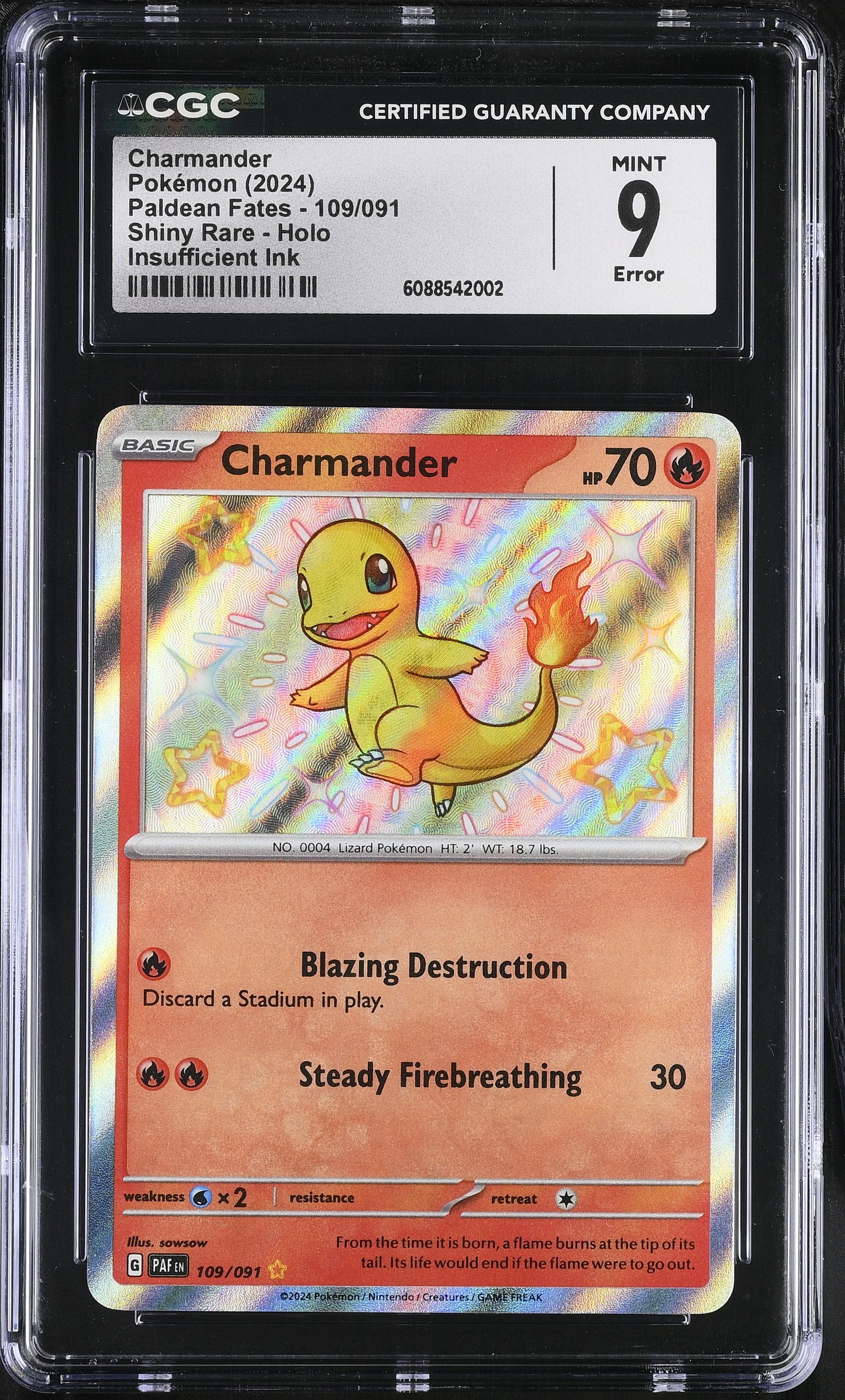 2024 Pokemon Paldean Fates Charmander Shiny Rare Holo ERROR 109/091 CGC 9