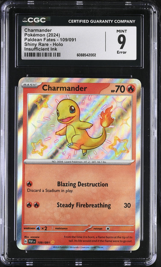 2024 Pokemon Paldean Fates Charmander Shiny Rare Holo ERROR 109/091 CGC 9