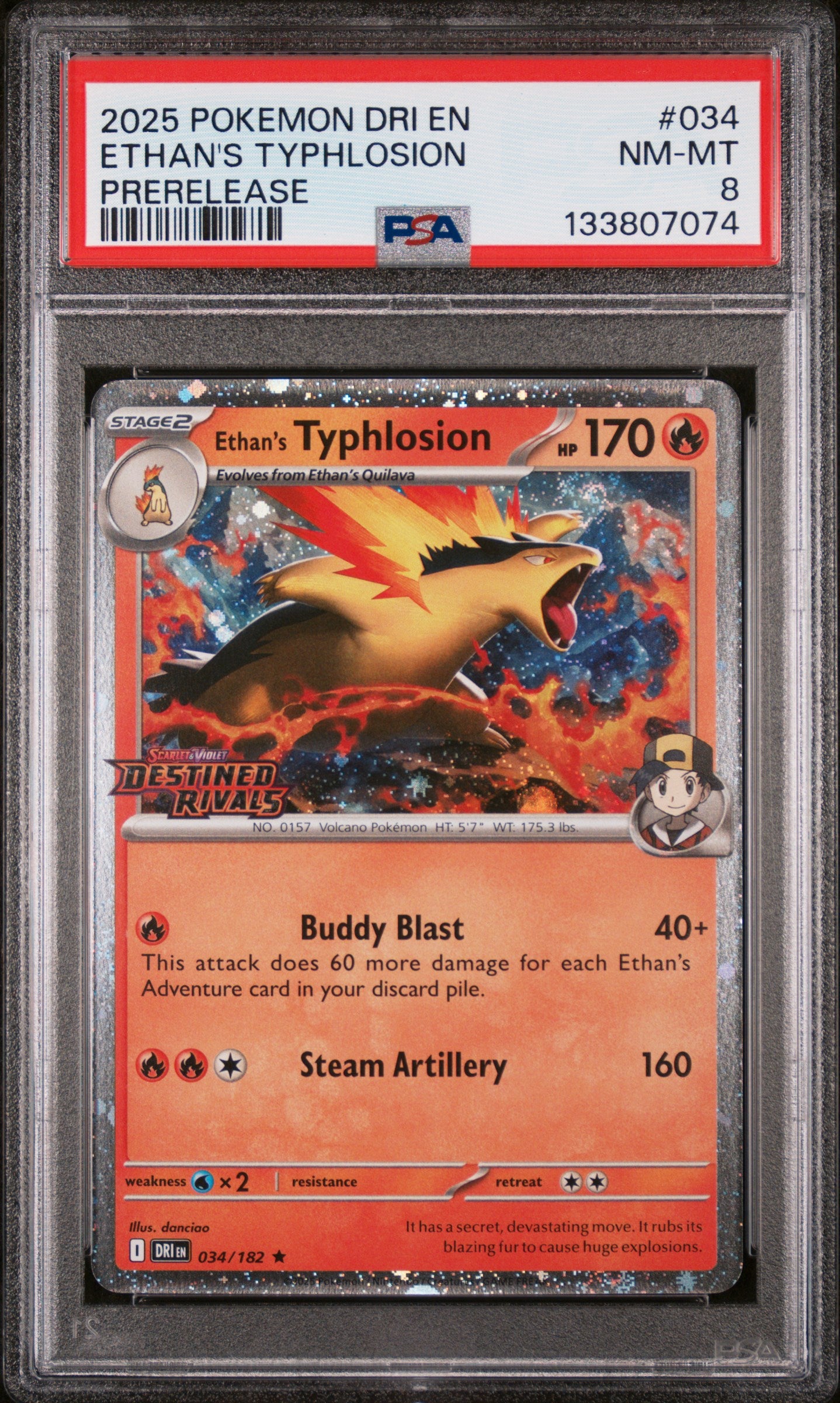 Ethan's Typhlosion 034/182 Prerelease Dri En-destined Rivals Pokemon PSA 8