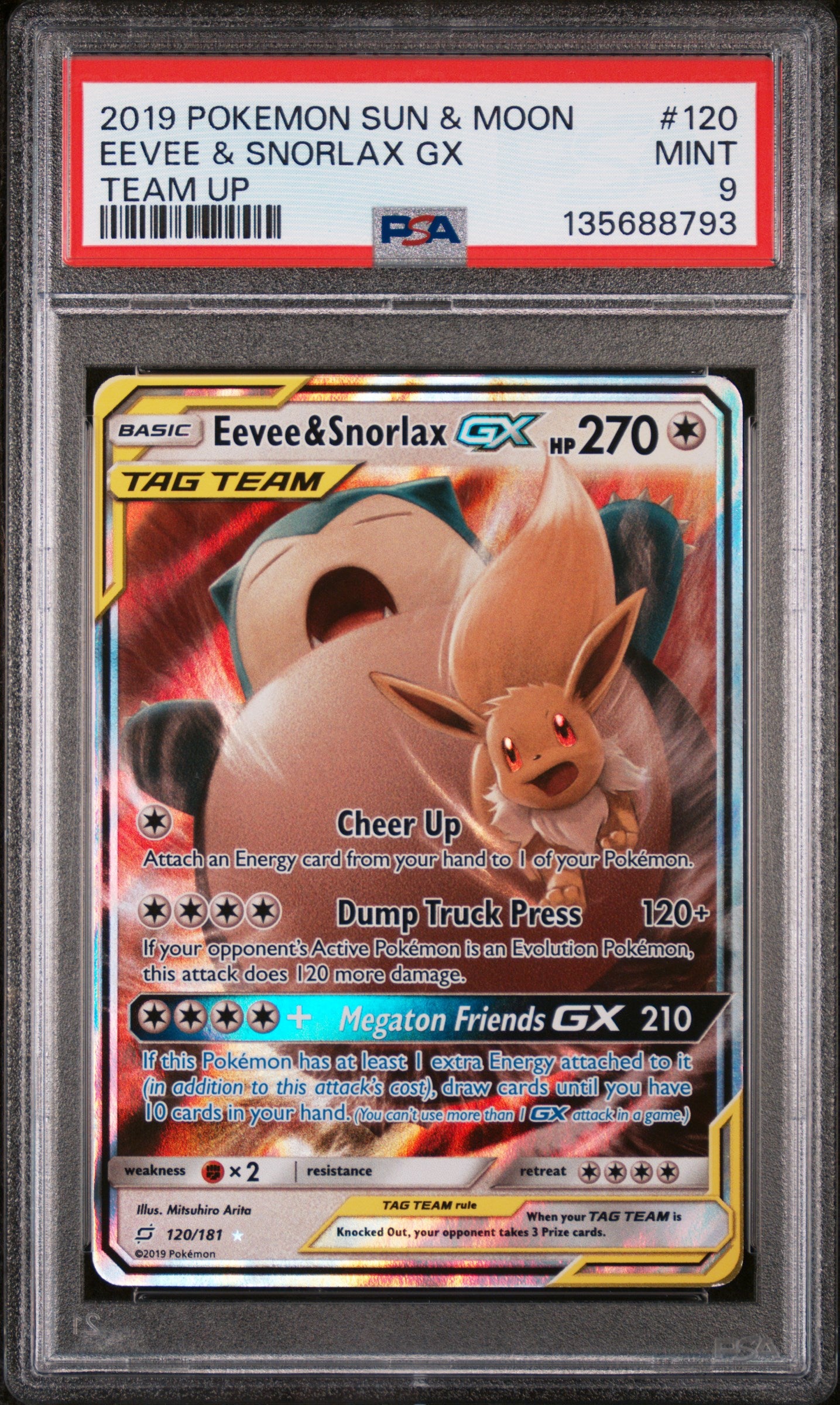 2019 Pokemon Team Up Eevee & Snorlax Gx 120/181 PSA 9