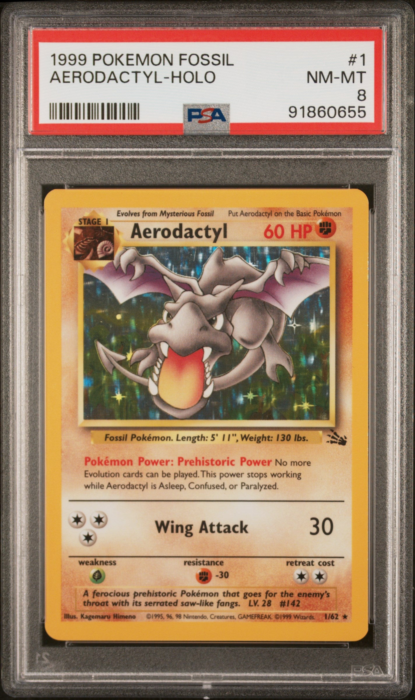 1999 Pokemon Fossil Aerodactyl Holo 1/62 PSA 8