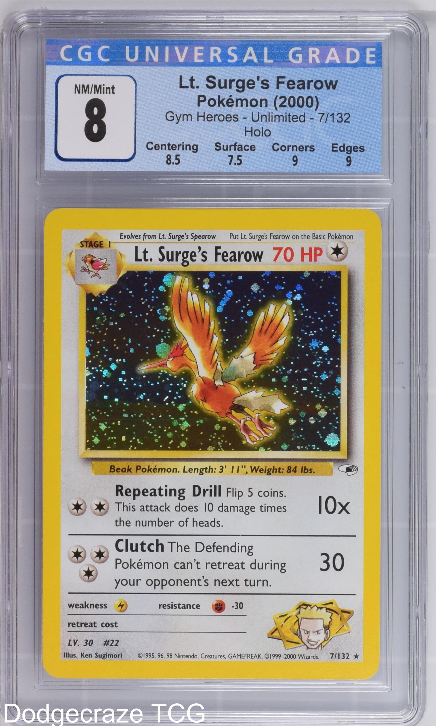 2000 Pokemon Gym Heroes Lt. Surge's Fearow Holo 7/132 CGC 8