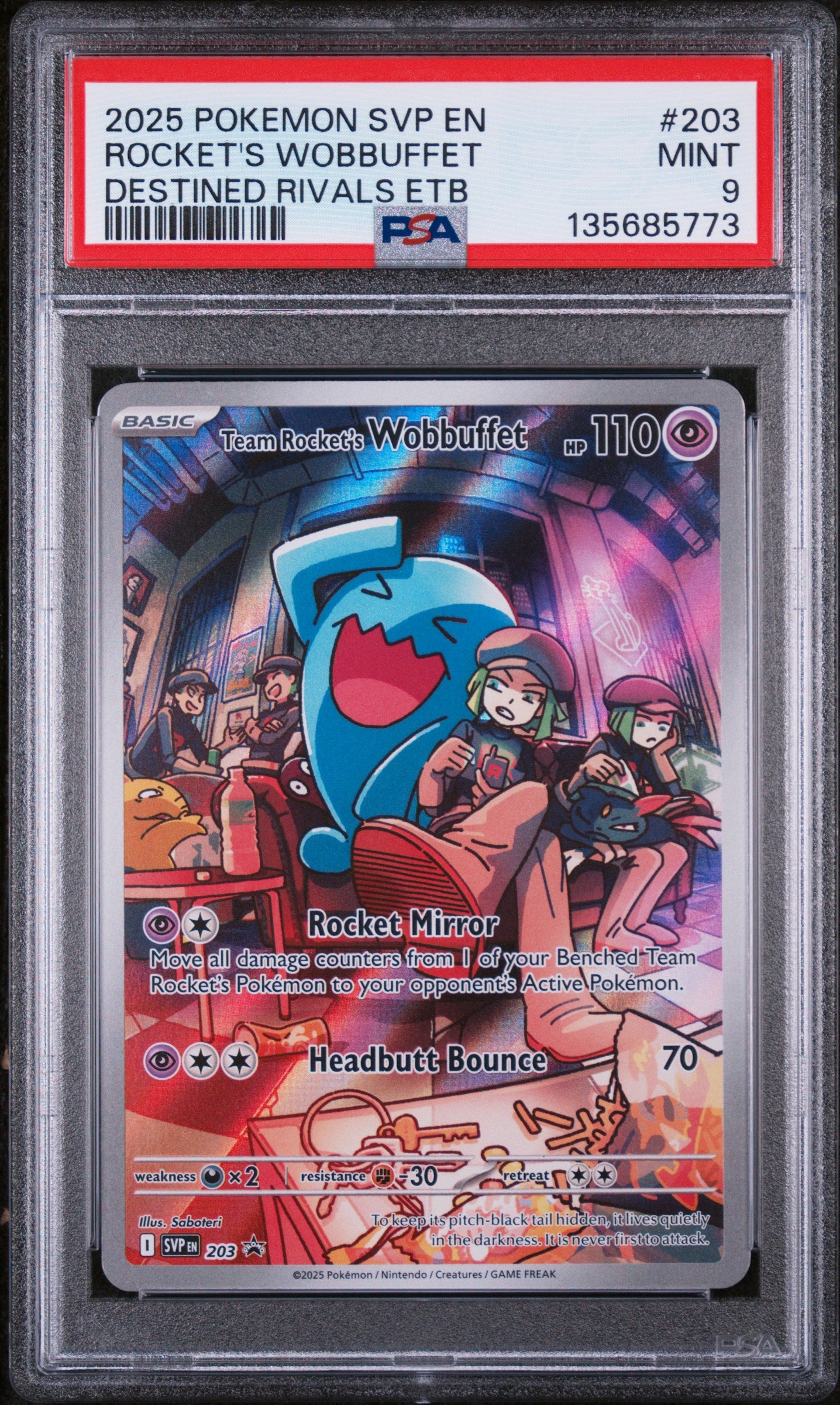 2025 Pokemon Team Rocket's Wobbuffet Destined Rivals ETB 203/182 PSA 9