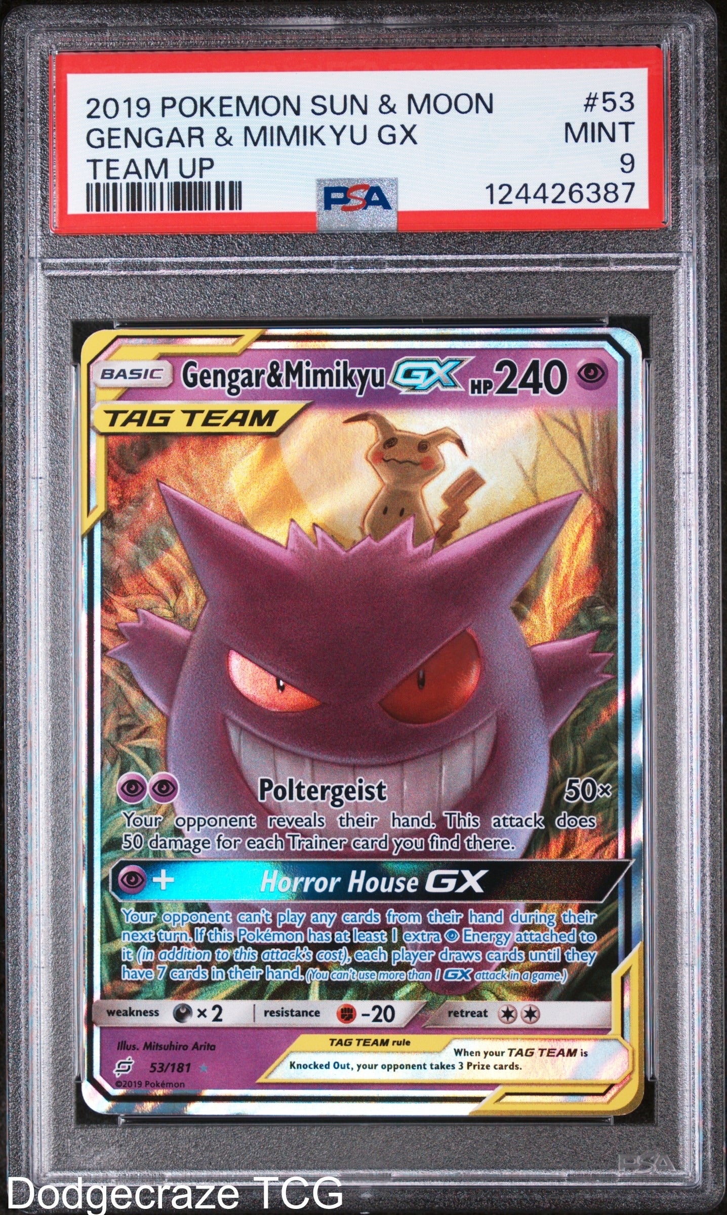 2019 Pokemon Team Up Gengar & Mimikyu Gx 53/181 PSA 9
