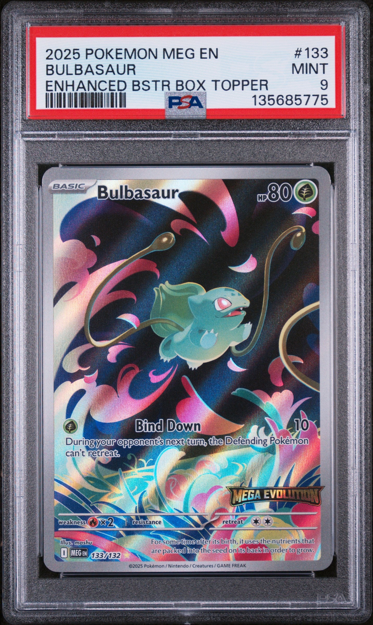 2025 Pokemon Bulbasaur Enhanced Booster Box Topper 133/132 PSA 9