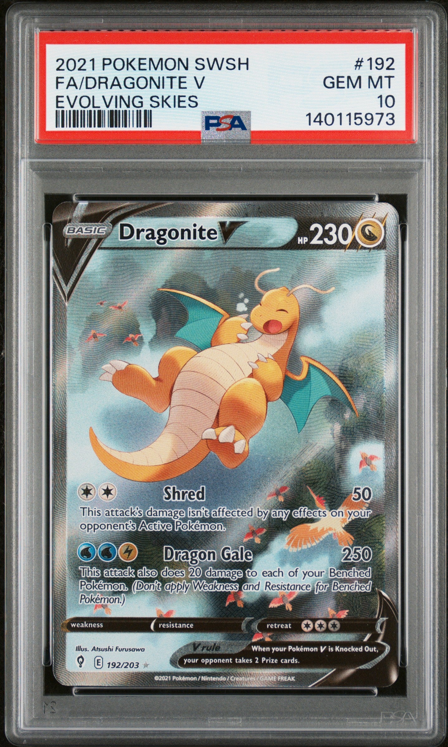 2021 Pokemon Evolving Skies Dragonite V 192/203 PSA 10