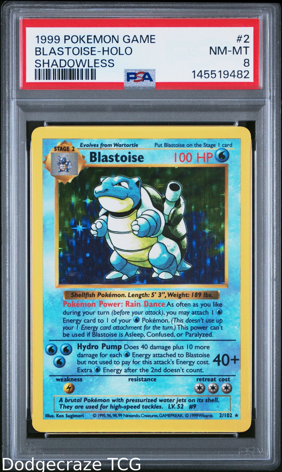 1999 Pokemon Game Blastoise Holo Shadowless 2/102 PSA 8