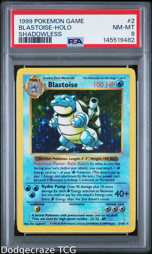 1999 Pokemon Game Blastoise Holo Shadowless 2/102 PSA 8