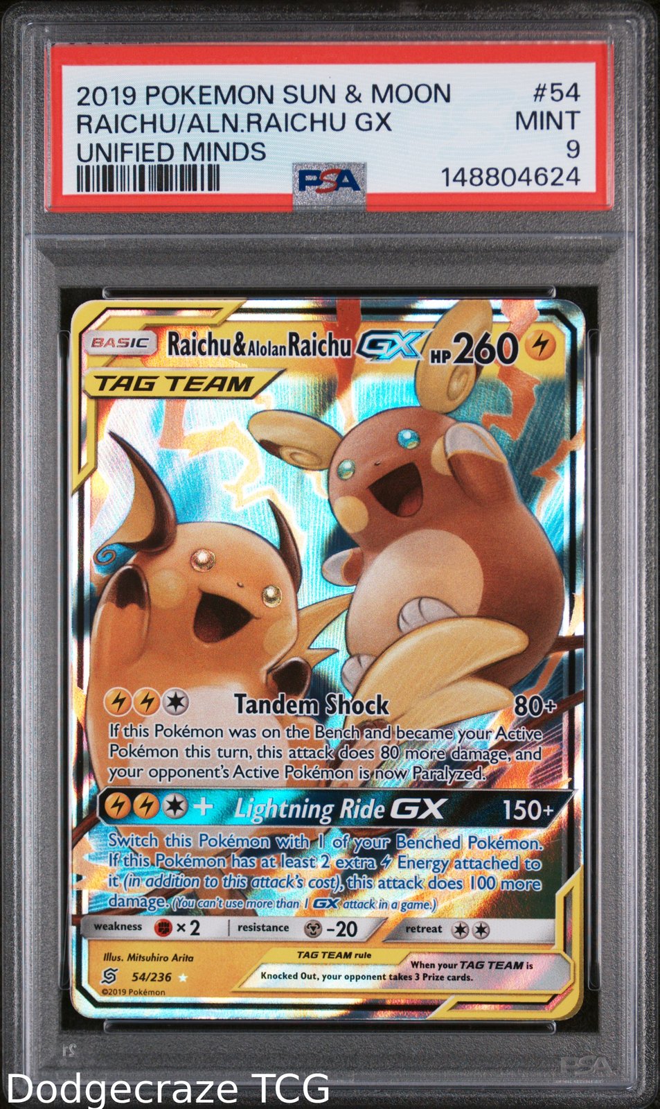 2019 Pokemon Unified Minds Raichu & Alolan Raichu Gx 54/236 PSA 9