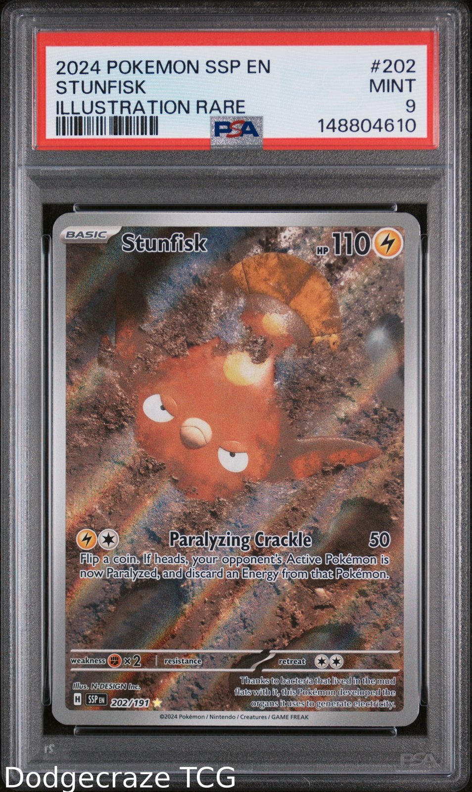 2024 Pokemon Ssp En Surging Sparks Stunfisk Illustration Rare 202/191 PSA 9