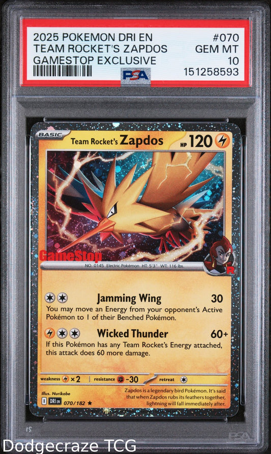 2025 Pokemon Team Rocket's Zapdos Gamestop Exclusive 070/182 PSA 10