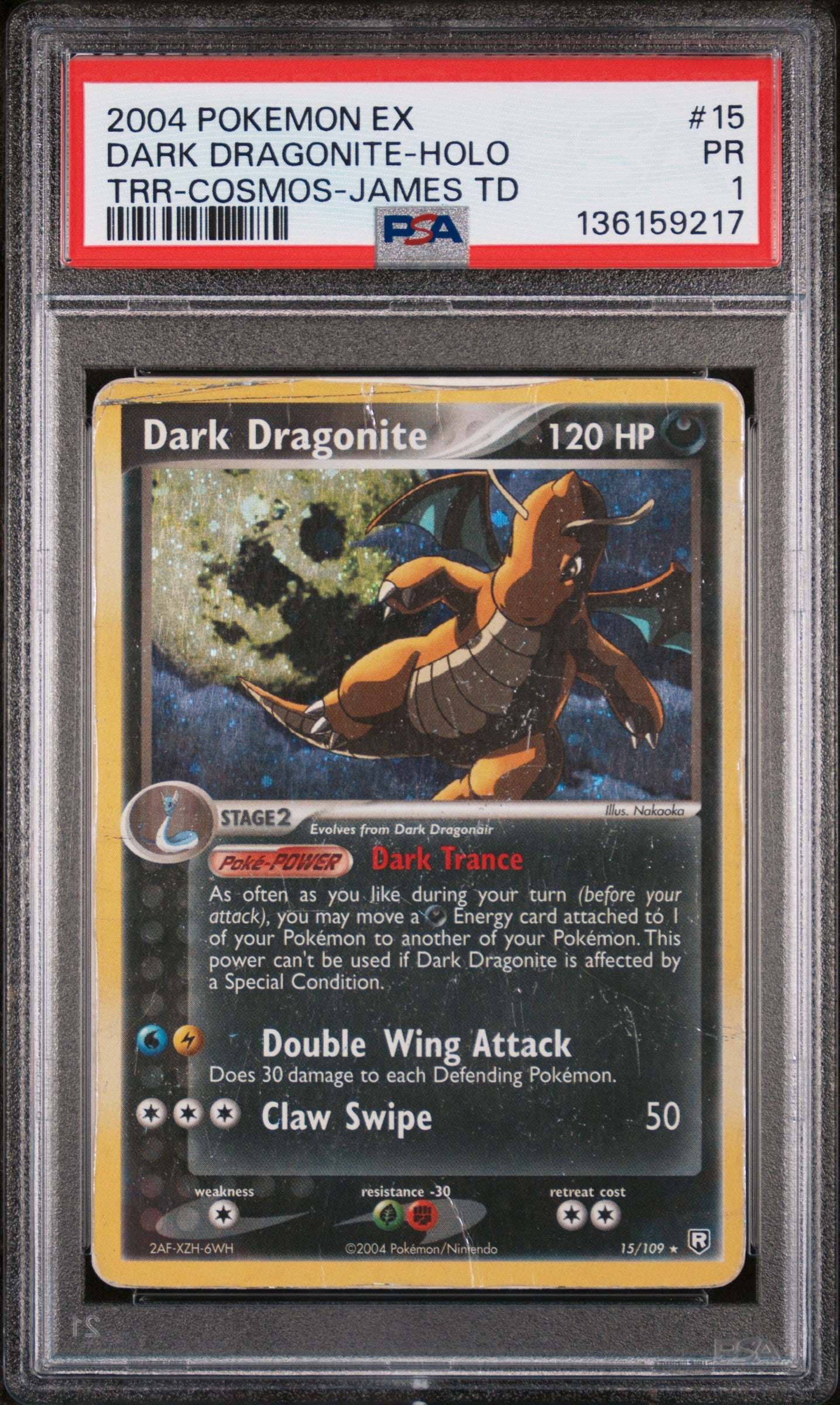 2004 Pokemon Dark Dragonite Holo Cosmos-james Theme Deck 15/109 PSA 1