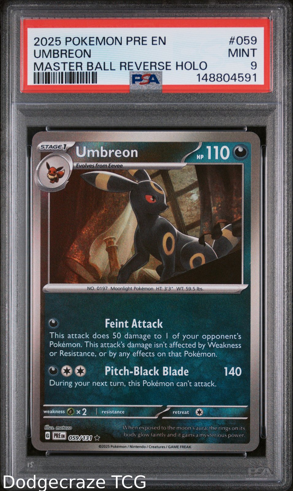 2025 Pokemon Prismatic Evolutions Umbreon Master Ball Reverse Holo 059/131 PSA 9