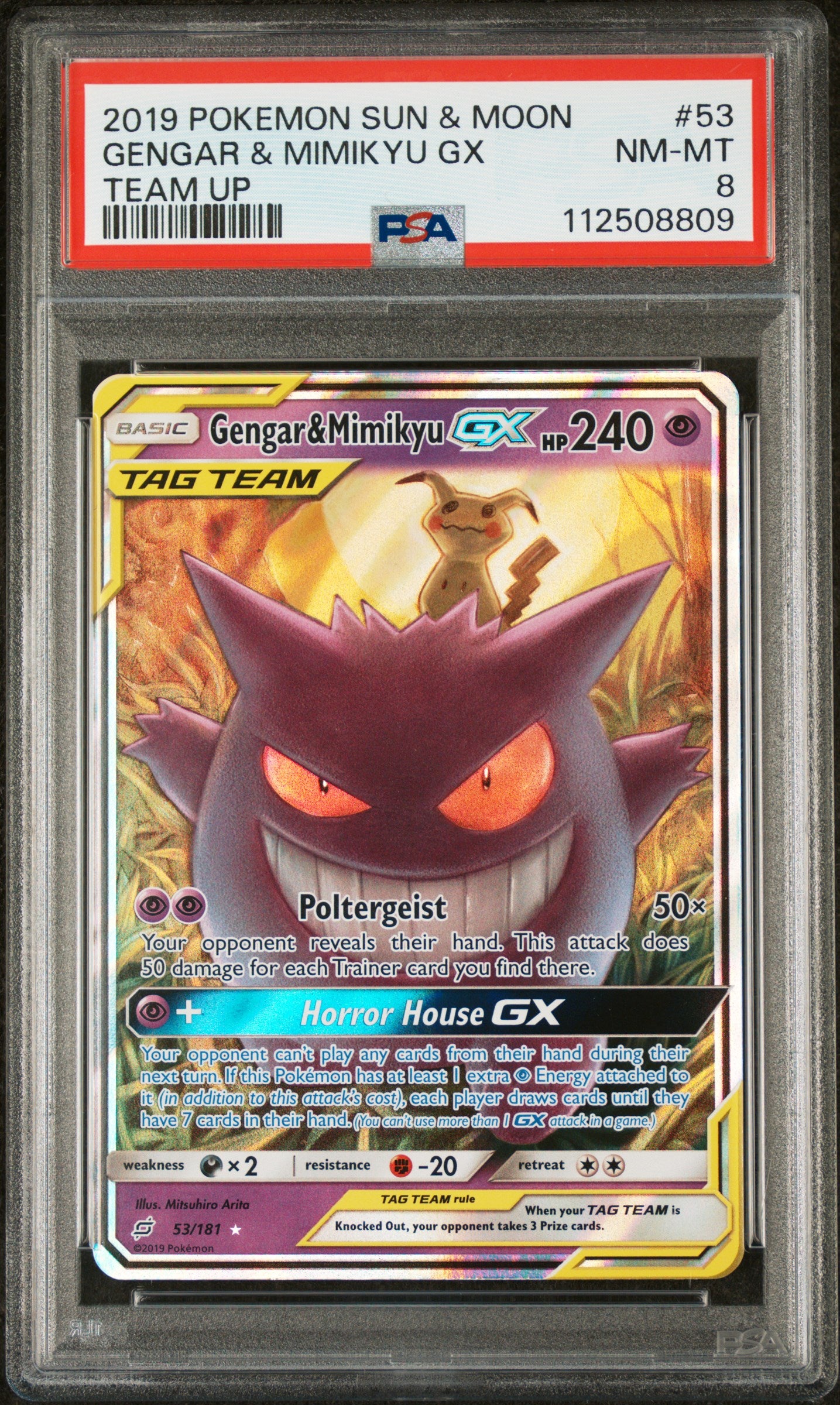 2019 Pokemon Team Up Gengar & Mimikyu Gx 53/181 PSA 8