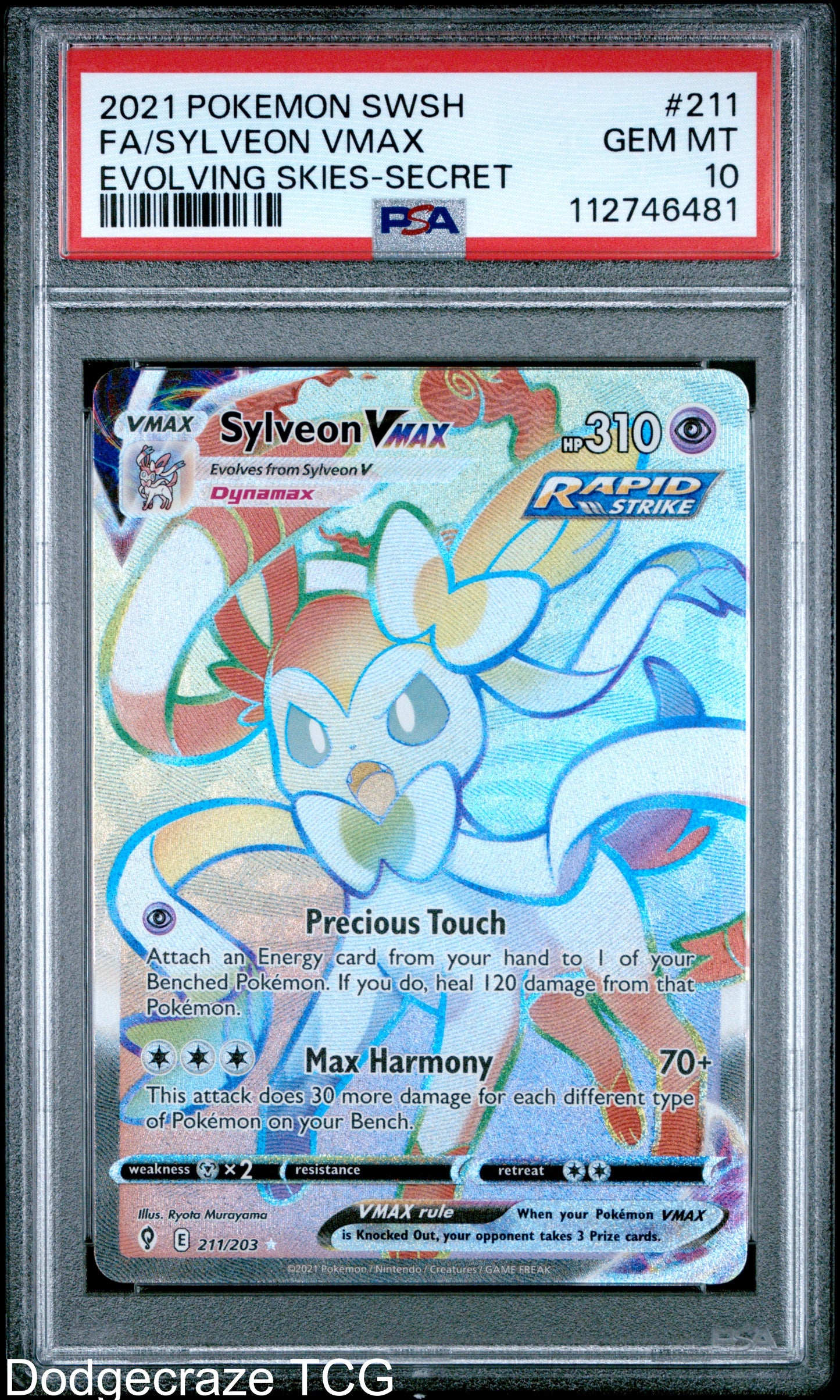 2021 Pokemon Evolving Skies Sylveon Vmax Secret 211/203 PSA 10